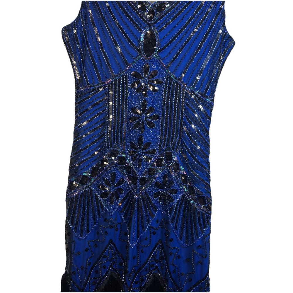 1920s Flapper Style Dress Small Blue Black Beaded Sequins Fringed Gatsby Sparkly - Picture 6 of 9